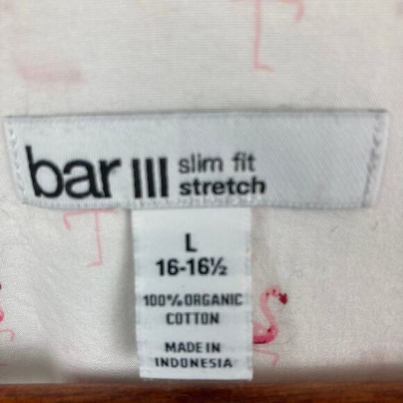 Bar III Organic Cotton Button Shirt Mens L 16 White Pink Flamingos Long Sleeve - Picture 4 of 10